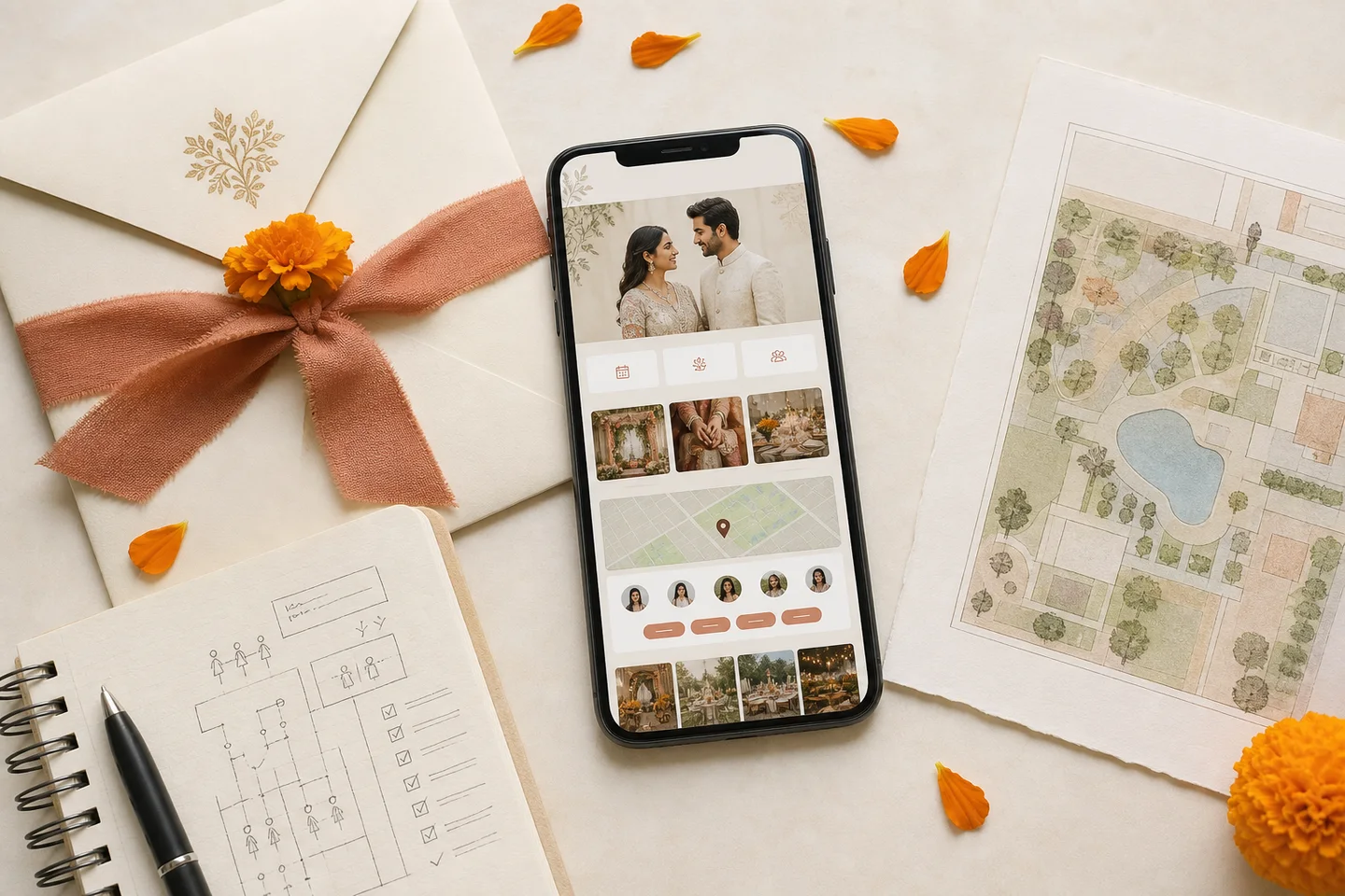 A phone representing an Indian wedding website with events, maps, gallery and guest planning details in one place